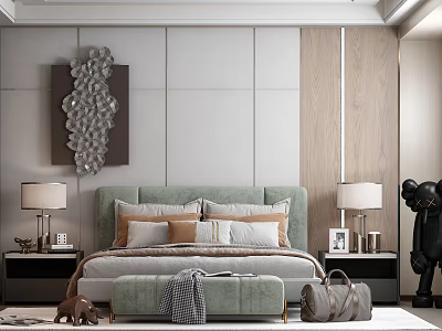 Modern Bedroom Interior With Light Green Headboard Pillows Nightstands Lamps And Textured Wall Art 3d model