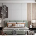 Modern Bedroom Interior With Light Green Headboard Pillows Nightstands Lamps And Textured Wall Art