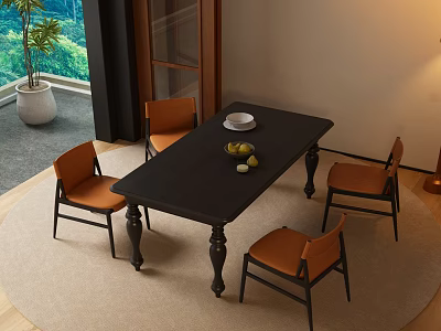 Black Dining Table Set Featuring Four Orange Chairs White Bowl Fruits Large Window Green Plants 3d model