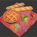 Assorted Baked Goods Including Pie Baguettes Croissants And Cookies On Red White Checkered Cloth