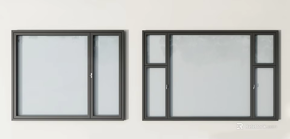 Black Frame Windows With Different Glass Pane Designs On White Wall 3d model