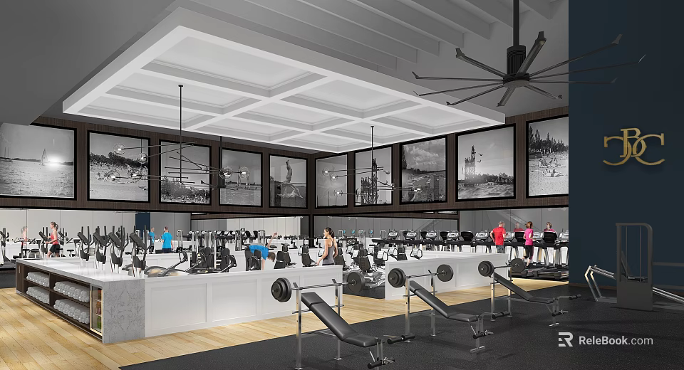 Gym Interior With Black And White Wall Photos Fitness Equipment Wooden Flooring And Ceiling Fan 3d model 