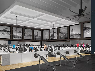 Gym Interior With Black And White Wall Photos Fitness Equipment Wooden Flooring And Ceiling Fan 3d model