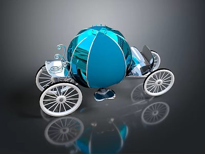 Blue Crystal Pumpkin Carriage With White Wheels And Silver Decorations On Reflective Surface 3d model
