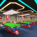 Modern Billiard Room Interior With Neon Lights Billiard Tables And Comfortable Seats