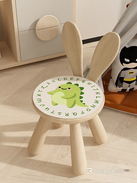 Cute Wooden Kids Chair With Dinosaur Alphabet And Rabbit Ears 3d model 