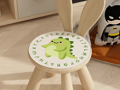 Cute Wooden Kids Chair With Dinosaur Alphabet And Rabbit Ears 3d model