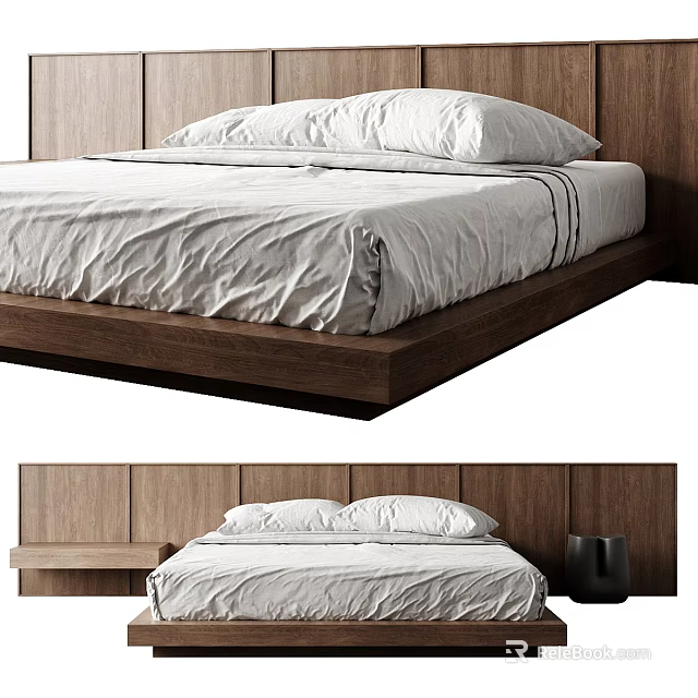 Modern Minimalist Double Bed Design With Wooden Headboard White Bed Sheets And Pillows 3d model 