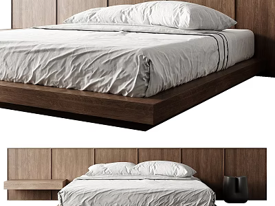Modern Minimalist Double Bed Design With Wooden Headboard White Bed Sheets And Pillows 3d model