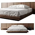 Modern Minimalist Double Bed Design With Wooden Headboard White Bed Sheets And Pillows