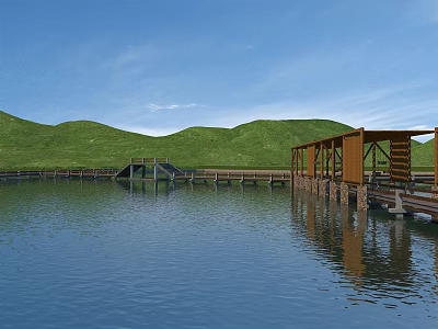 Wooden Road Facilities Along Calm Water Area With Small Bridge Boardwalks and Green Hills 3d model