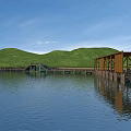 Wooden Road Facilities Along Calm Water Area With Small Bridge Boardwalks and Green Hills