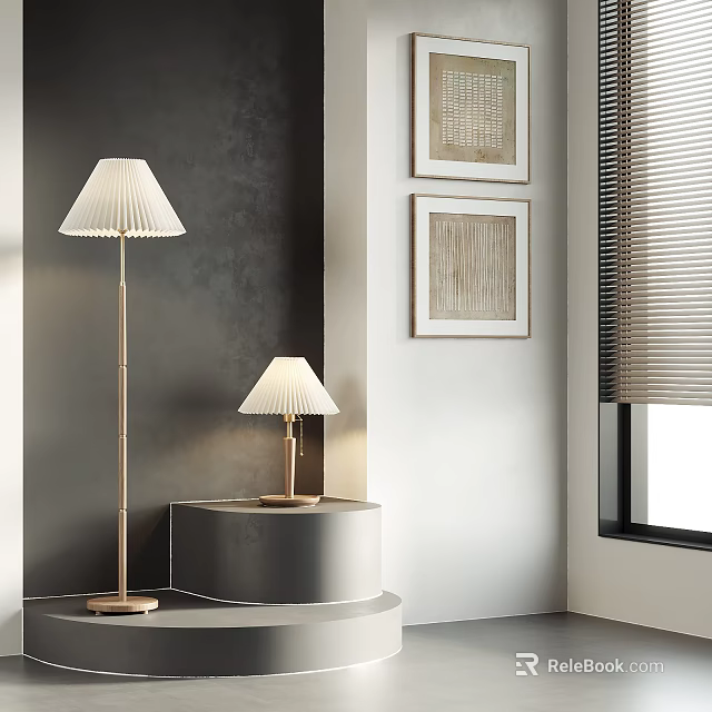 Modern Gold Floor Lamp With White Fabric Shade And Matching Table Lamp In Living Room 3d model 