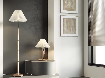 Modern Gold Floor Lamp With White Fabric Shade And Matching Table Lamp In Living Room 3d model