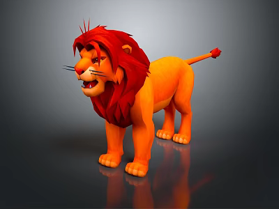 Cartoon Lion 3D Model With Red Mane Orange Body Vibrant Expression And Dark Background 3d model