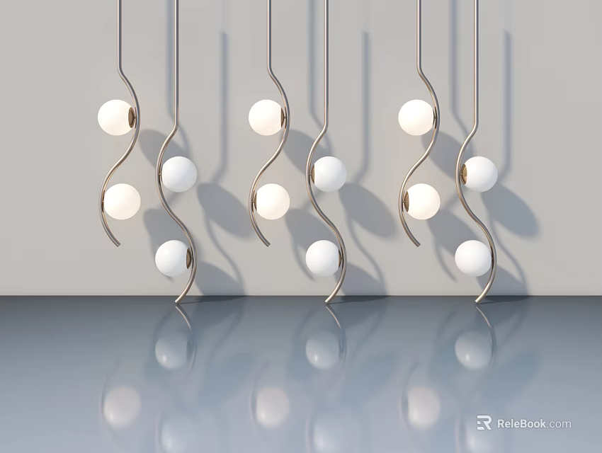 Modern Hinged Door Interior With Spiral Metal Pendant Lights White Spheres And Gray Reflections 3d model 