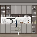 Modern Kitchen Wine Cabinet With Glass Doors Lighting And Marble Countertop