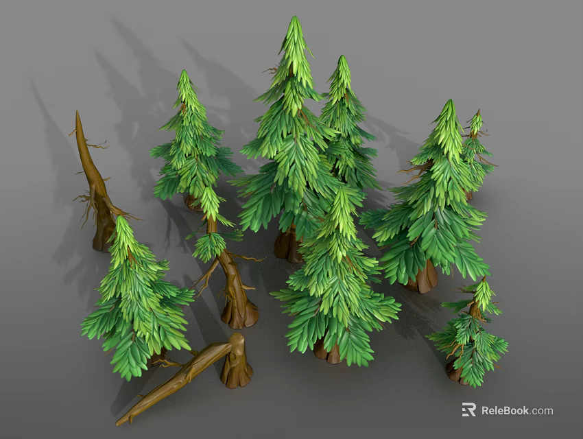 3D Model Collection of Green Pine Trees and Brown Tree Trunks 3d model 