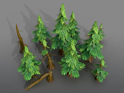 3D Model Collection of Green Pine Trees and Brown Tree Trunks 3d model