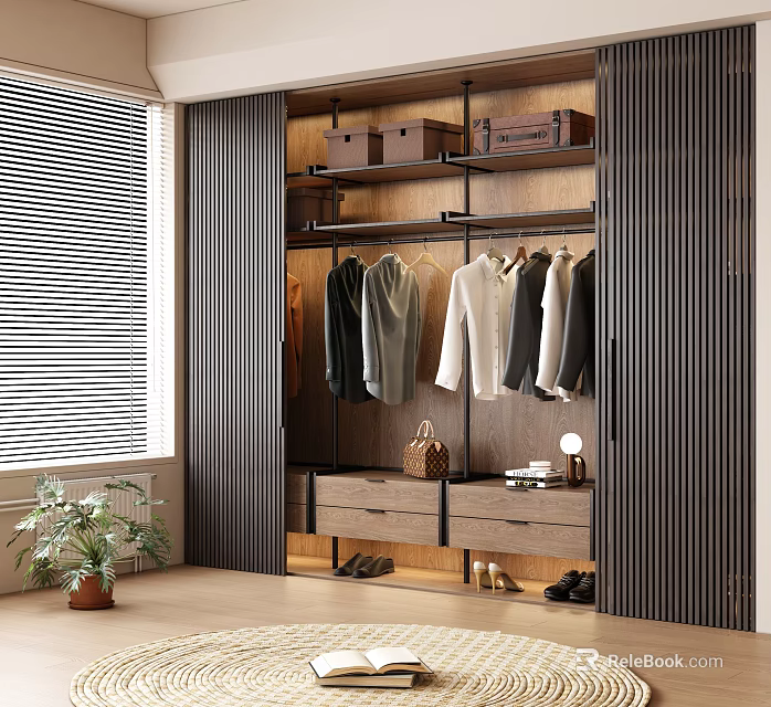 Modern Wooden Wardrobe Interior With Hanging Section Drawers Storage Boxes And Shoes 3d model 