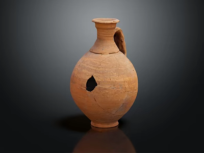 Ancient Terracotta Jug With Broken Hole Handle And Small Spout 3d model