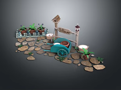 Cozy Mini Garden Scene With Stone Path Blue Cart Wooden Sign Flower Pots And Candles 3d model