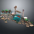 Cozy Mini Garden Scene With Stone Path Blue Cart Wooden Sign Flower Pots And Candles