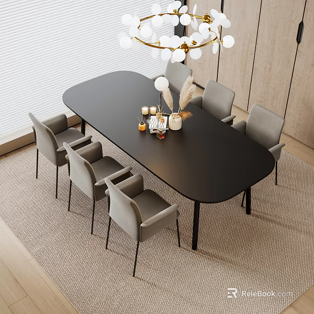 Modern Black Dining Table Set With Six Gray Chairs And Decorative Centerpiece 3d model 