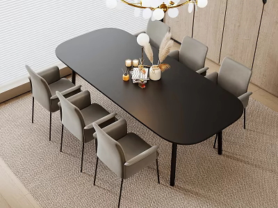 Modern Black Dining Table Set With Six Gray Chairs And Decorative Centerpiece 3d model