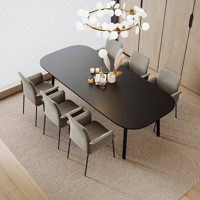 Modern Black Dining Table Set With Six Gray Chairs And Decorative Centerpiece 3d model