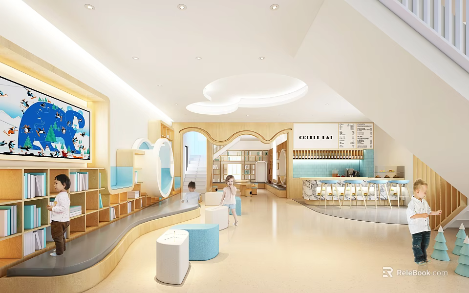 Bright Children Activity Space Interior With Bookshelves Coffee Bar And Kids Playing 3d model 