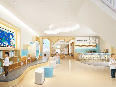 Bright Children Activity Space Interior With Bookshelves Coffee Bar And Kids Playing 3d model