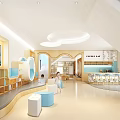 Bright Children Activity Space Interior With Bookshelves Coffee Bar And Kids Playing