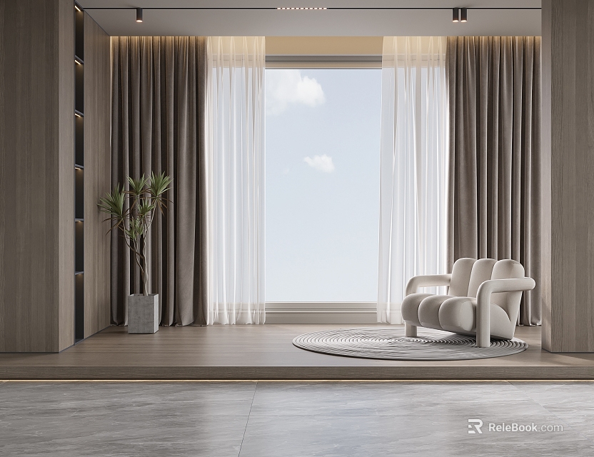 Modern Living Room With Layered Curtains Sheer Panels And Floor To Ceiling Design 3d model 