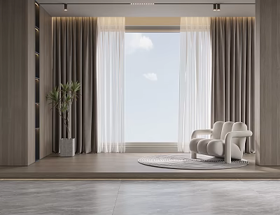 Modern Living Room With Layered Curtains Sheer Panels And Floor To Ceiling Design 3d model