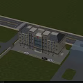 Multi Story Office Building With Glass Windows Green Lawn And Roadside Parking Area