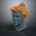 3D Head Model with Blue Face and Orange Messy Hair in 3D Rendering