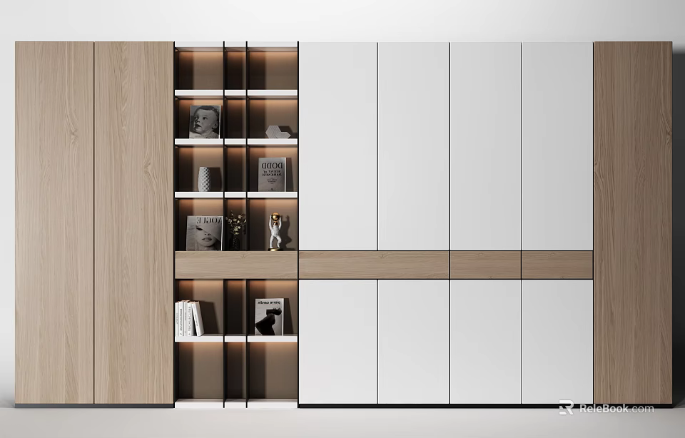 Modern Bookshelf Interior Design With Wooden Frame White Panels And Open Shelves 3d model 