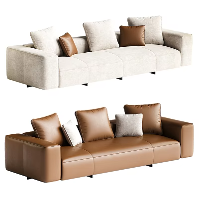 Modern Sectional Sofas In Beige Fabric And Brown Leather With Multiple Brown White Cushions 3d model