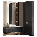 Modern Bathroom Sink Vanity With Wooden Cabinet White Countertop And Gold Hardware