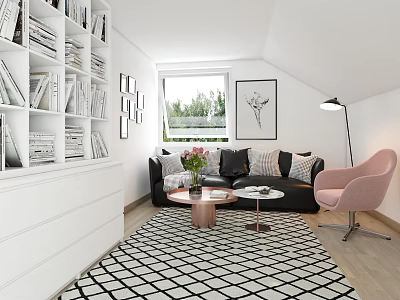 Modern Living Room Interior With White Bookshelves Black Sofa Pink Armchair And Geometric Rug 3d model
