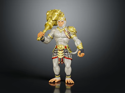 Muscular Gray Monkey Character Holding Golden Hammer With Golden Shoulder Armor And Patterned Belt 3d model