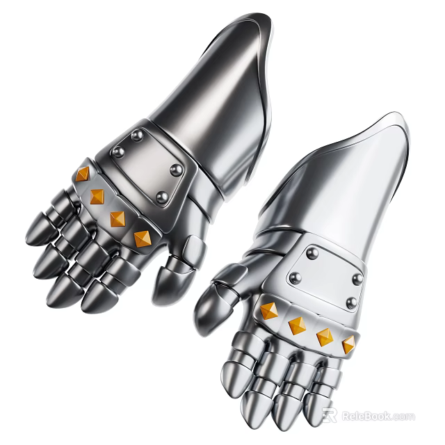 Shiny Silver Metallic Mechanical Gloves With Golden Decorative Studs And Crafted Design 3d model 