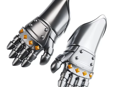 Shiny Silver Metallic Mechanical Gloves With Golden Decorative Studs And Crafted Design 3d model