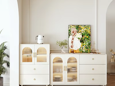 Modern White Sideboard Cabinet With Glass Doors Drawers Decorative Painting And Potted Plant 3d model