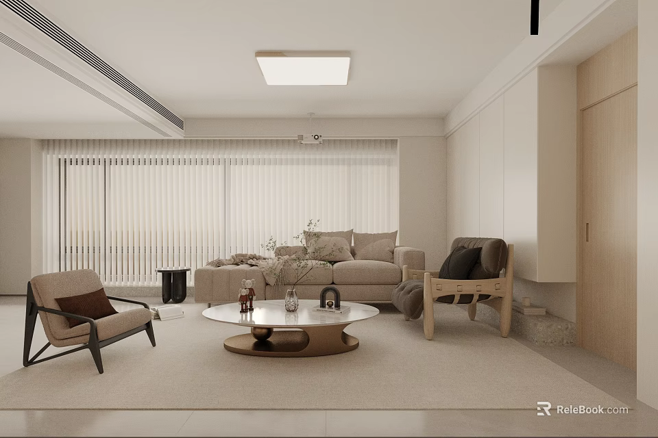 Modern Minimalist Living Room Interior With Neutral Beige Sofa Coffee Table Chairs And Window Blinds 3d model 