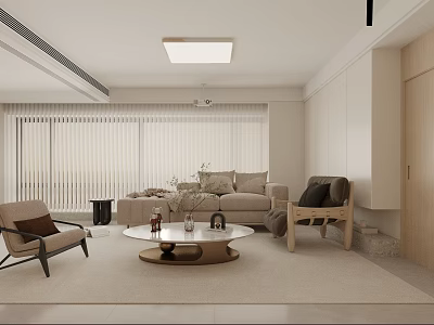 Modern Minimalist Living Room Interior With Neutral Beige Sofa Coffee Table Chairs And Window Blinds 3d model