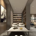 Hotel Public Lounge Modern Design Wooden Bookshelves Comfortable Sofa Chairs Round Coffee Table Decorative Paintings