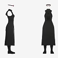 Stylish Black Sleeveless High Neck Dress With Belt Split Hem And Long Boots Glasses