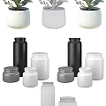 Modern Dining Table Set With Stools Potted Plant Placemat And Drawer Storage 3d model
